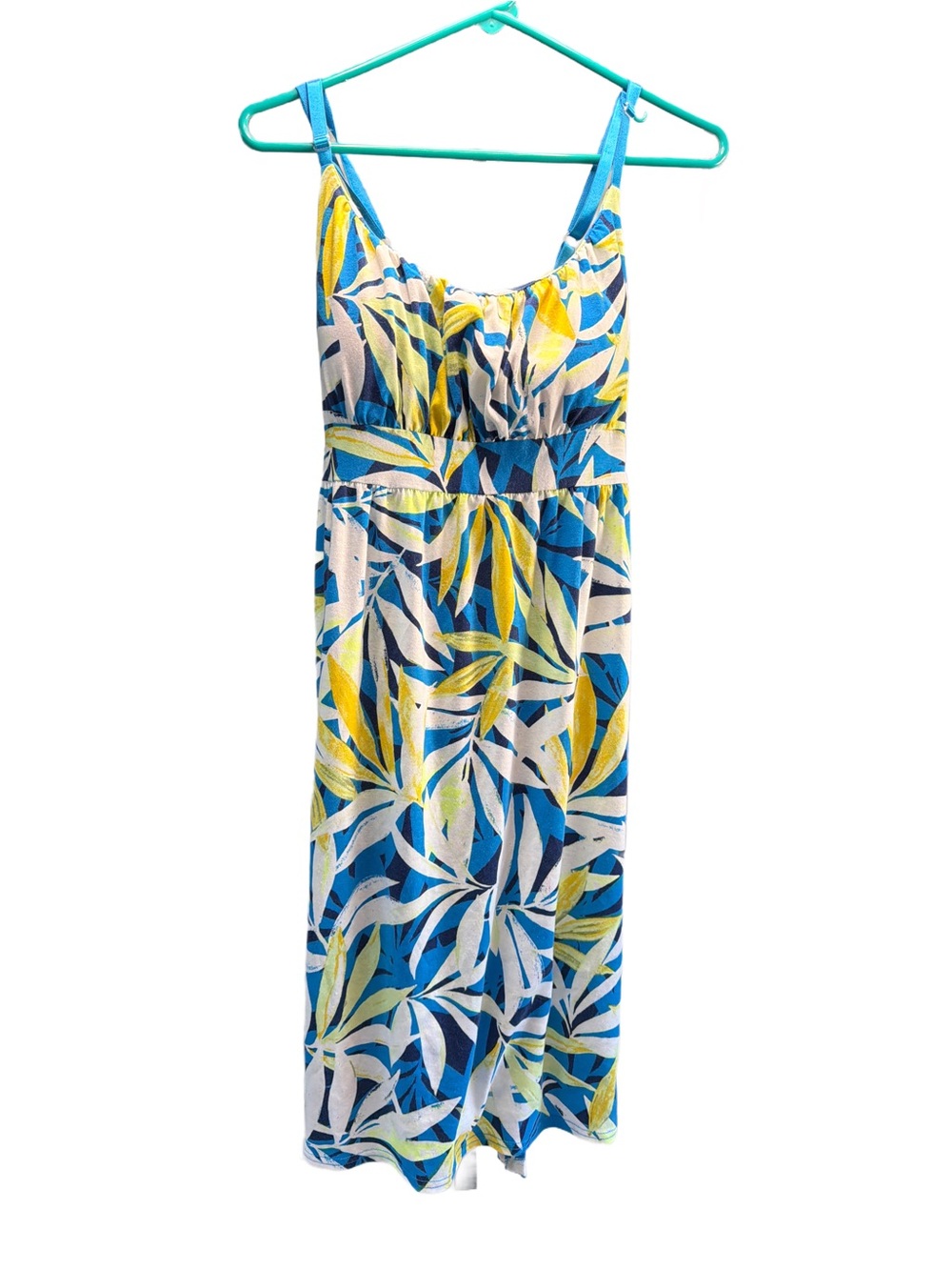 Sleeveless Tropical Print  Dress size large  in Blue, Yellow & White
